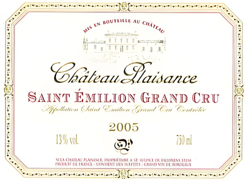 Une étiquette de vin pour Château Plaisance Saint-Émilion Grand Cru, millésime 2005, avec 13% de teneur en alcool.