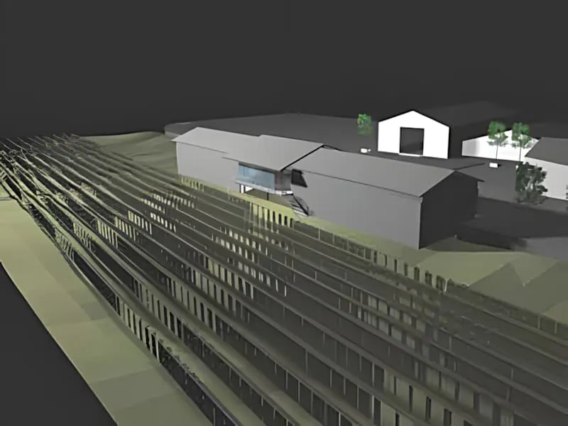 Un rendu architectural 3D montrant l'expansion prévue d'un bâtiment de cave avec des rangs de vignoble au premier plan et les structures existantes en arrière-plan.