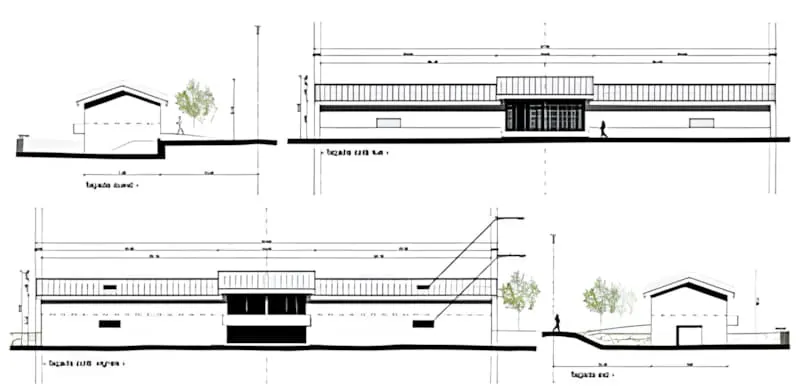 Plans architecturaux détaillés montrant les vues en élévation et les plans d'étage pour un projet d'expansion de bâtiment de cave.