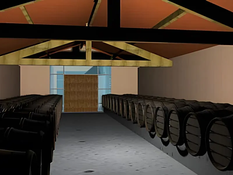 Rendu 3D intérieur d'une cave à barriques avec plafond à poutres de bois apparentes et rangées de barriques de vin le long des murs.
