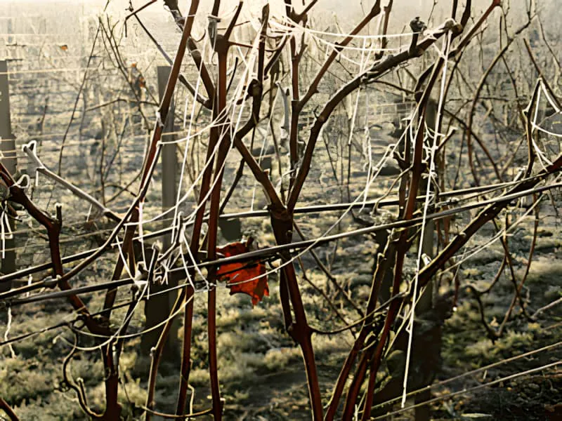 Gros plan de branches de vigne et de feuillage couverts de givre, avec des cristaux de glace complexes soulignant les structures délicates des plantes.