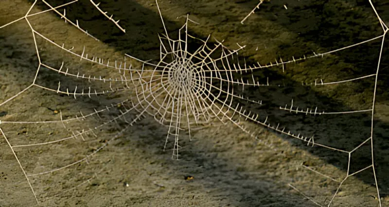 Gros plan détaillé d'une toile d'araignée complexe couverte de cristaux de givre, créant un motif naturel délicat contre un arrière-plan flou.