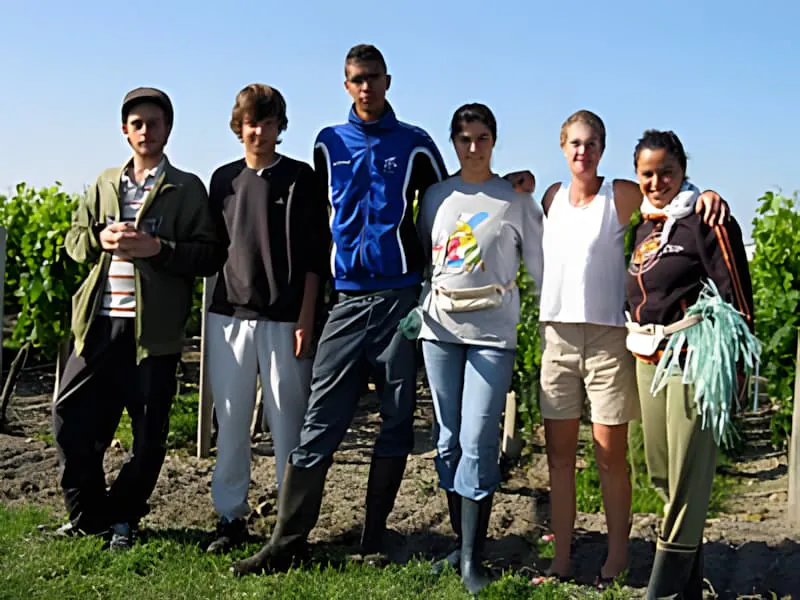 Six ouvriers de vignoble debout ensemble en ligne devant des vignes, souriant pour une photo de groupe par une journée ensoleillée.
