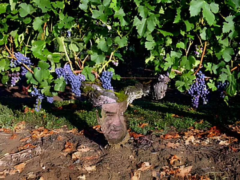 Une autre vue d'une vigne ancienne présentant sa structure de tronc massif et noueux et ses grappes de raisins abondantes, caractéristique des très vieilles vignes.