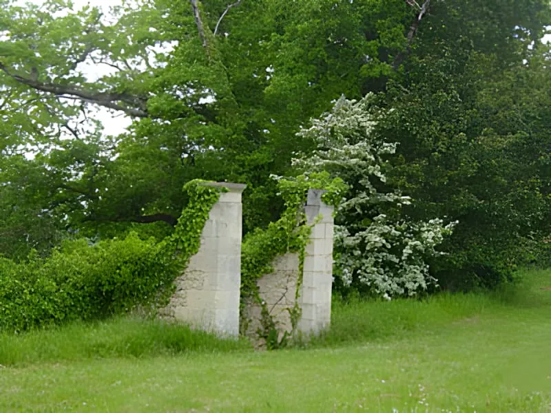 Deux piliers de pierre patinés se dressant dans un champ vert entouré d'arbres, marquant l'entrée d'un système de grottes souterrain.
