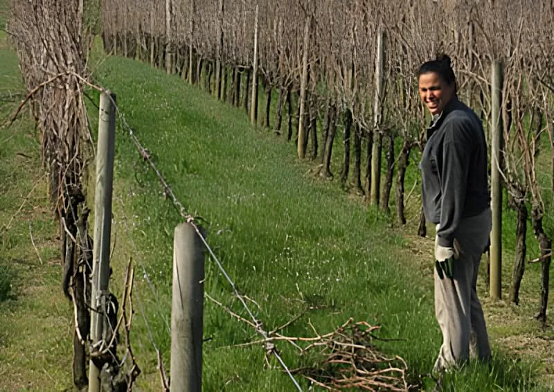 Une ouvrière de vignoble souriante en vêtements sombres debout parmi les rangées de vignes nues avec du bois taillé ramassé, montrant l'esprit positif de l'équipe.