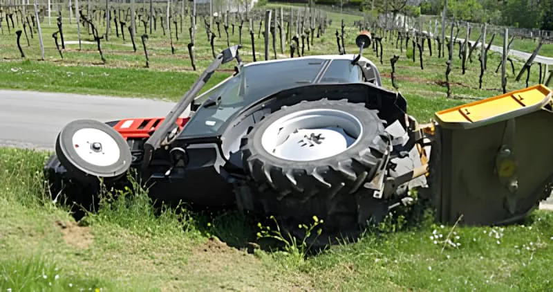 Un tracteur de couleur sombre couché sur le côté dans les hautes herbes à côté d'une route, montrant les suites d'un accident causé par un fossé caché.