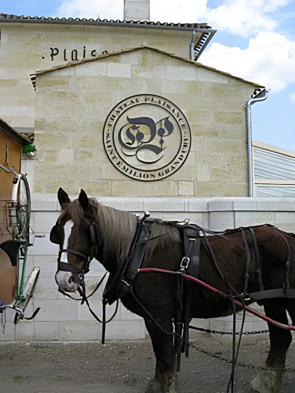 Deux chevaux attelés à ce qui semble être un chariot ou wagon de voyage, avec un bâtiment en pierre arborant un logo circulaire en arrière-plan.