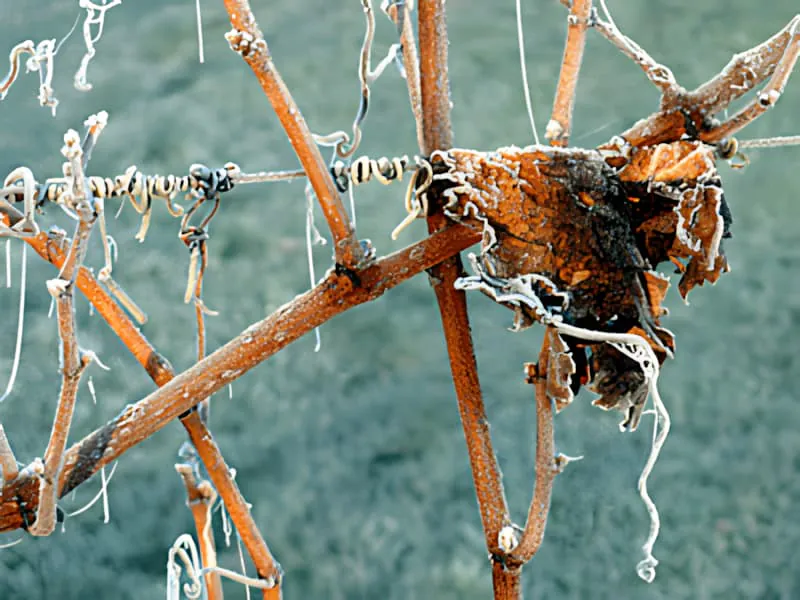 Gros plan d'une feuille de vigne couverte de givre, avec des cristaux de glace sur sa surface.